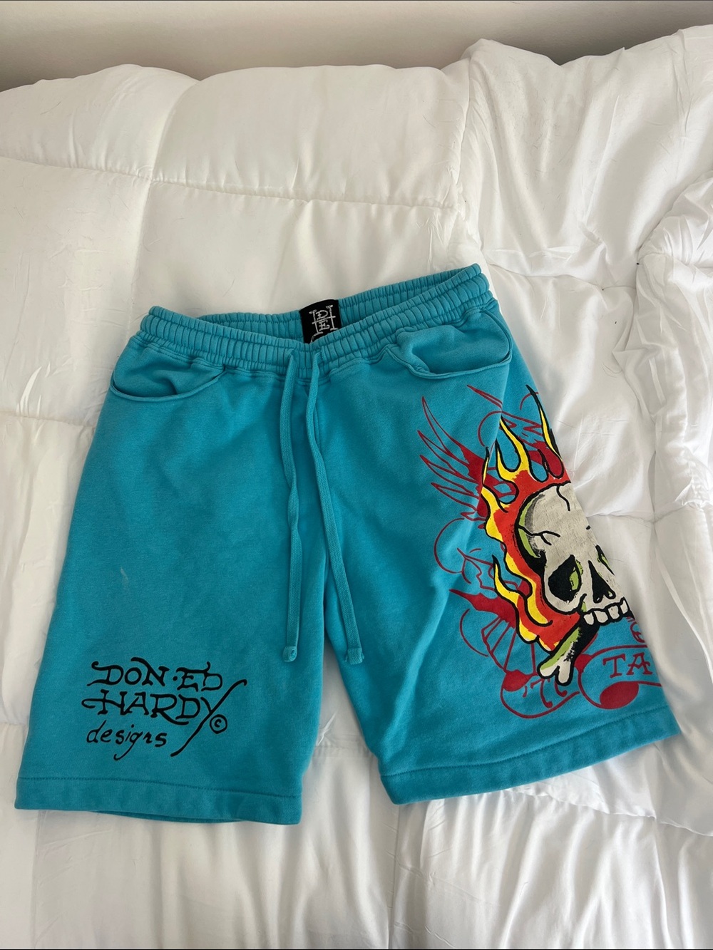 Ed Hardy Teal Men’s Tattoo Skull Drawstring Shorts